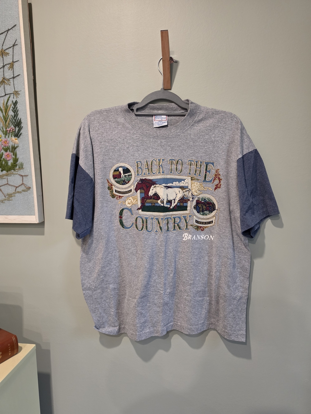Vintage Gray Tee with Navy Contrast Sleeves - 'Back to the Country' Graphic